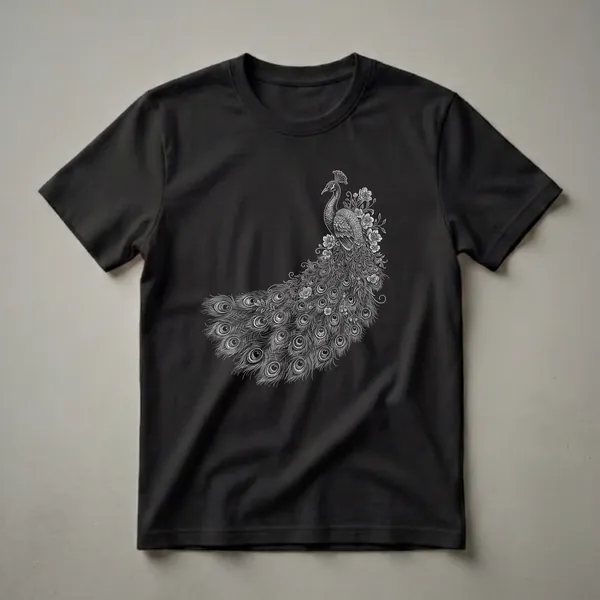 Black t-shirt featuring a detailed white drawing of a peacock with its tail feathers spread, surrounded by delicate flowers and leaves.