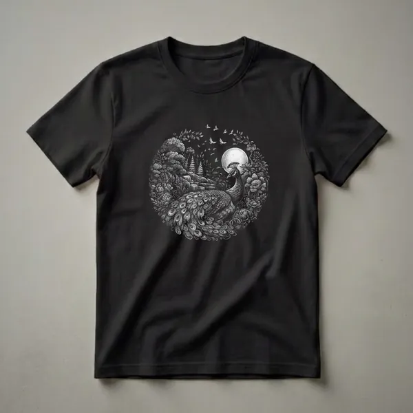 Black and white graphic t-shirt featuring a detailed illustration of a peacock resting amidst lush foliage, with a large moon and flying birds in the background, all within a circular design.