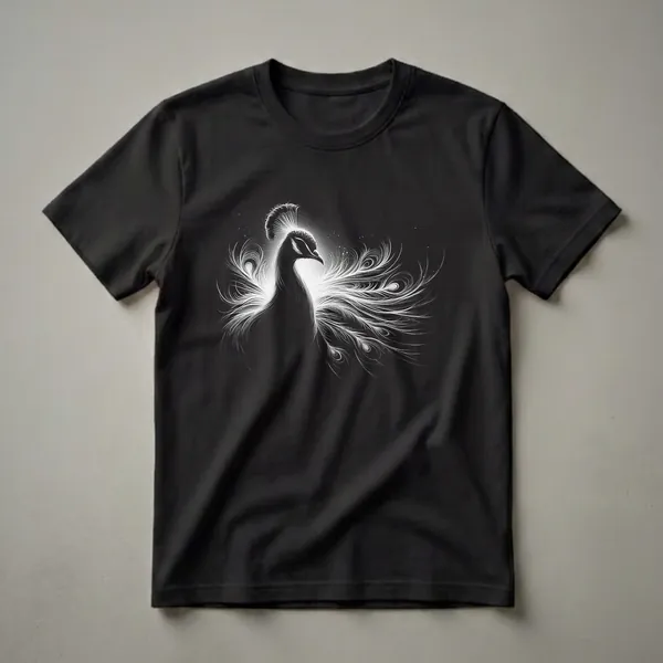 Black and white graphic t-shirt featuring a detailed illustration of a peacock with its tail feathers fanned out, set against a black background.