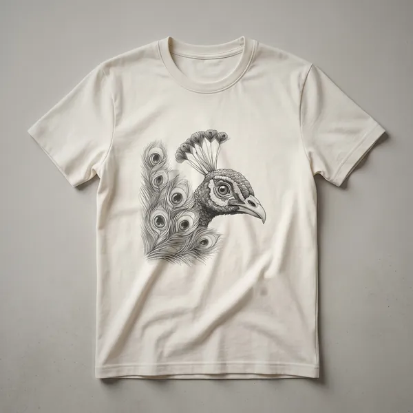 A graphic t-shirt featuring a peacock's head peeking from the left side, with its colorful, fanned tail feathers prominently displayed against a plain background.