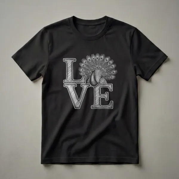 Black t-shirt with a sketch-style graphic of the word LOVE, featuring a peacock with fanned feathers in place of the letter O.