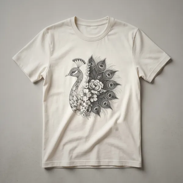 A white t-shirt with a graphic design of a peacock surrounded by colorful flowers and leaves.