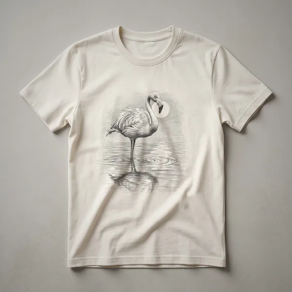 White t-shirt with a black sketch of a flamingo in profile, showing its long neck and legs.