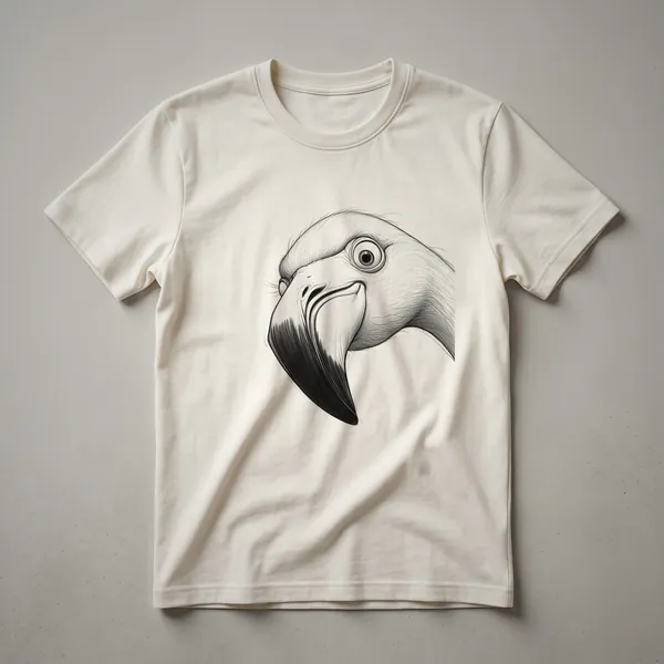 White t-shirt with a cartoon pink flamingo peeking over the bottom edge, its head and neck visible.