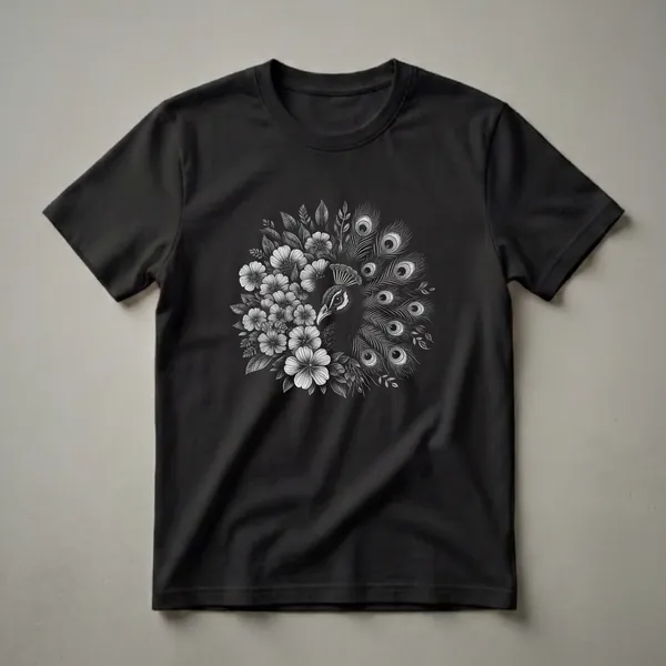 Black graphic t-shirt featuring a detailed sketch of a peacock's head and fanned tail feathers surrounded by blooming flowers and leaves.