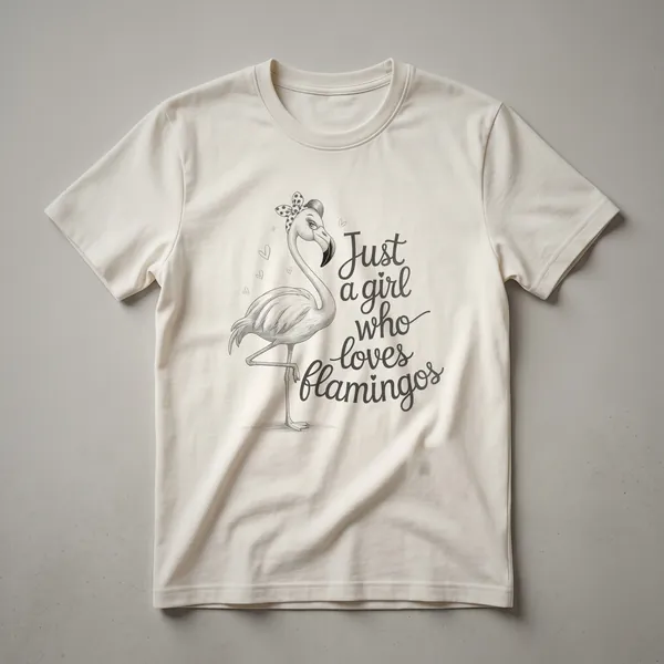 White graphic t-shirt featuring a stylized pink flamingo illustration with a long neck and beak, designed for flamingo lovers.