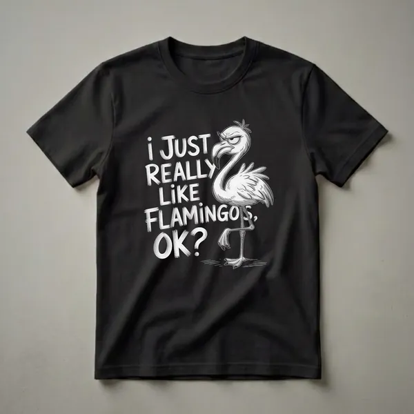 Black t-shirt with a grayscale cartoon of a grumpy flamingo and white distressed text that reads 'I JUST REALLY LIKE FLAMINGOS, OK?'.