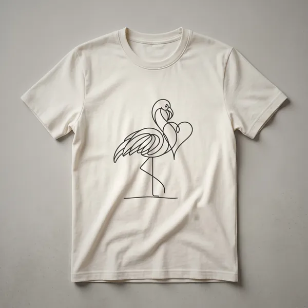 White graphic t-shirt with a black line art illustration of a flamingo forming a heart shape, centered on the chest.