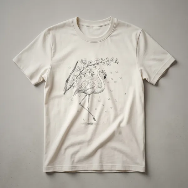 White graphic t-shirt featuring a black sketch of a flamingo standing beside a Japanese cherry blossom tree with pink flowers and falling petals.