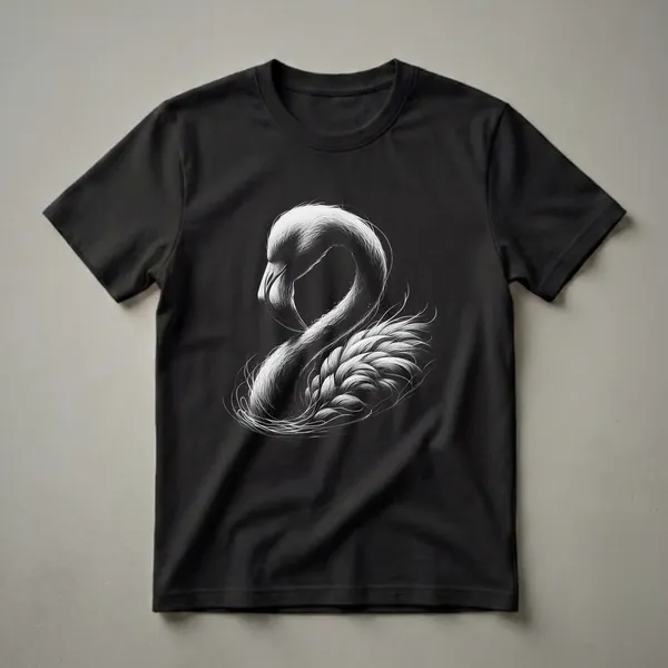Black t-shirt with a white scratchboard illustration of a flamingo's head and neck, showcasing detailed feather textures and a curved beak.