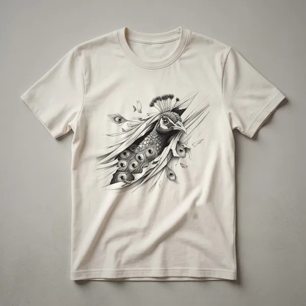 White graphic t-shirt featuring a stylized peacock head peeking from the left side, rendered in black and blue with bold outlines.