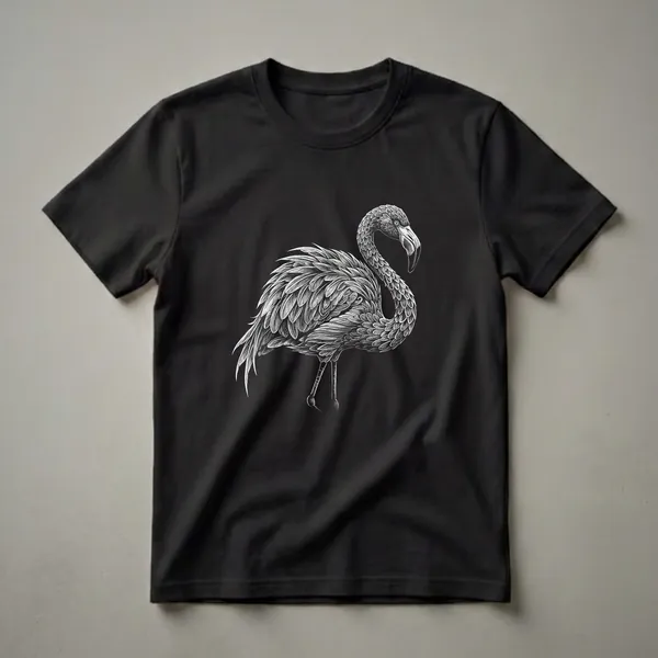 Black t-shirt with a detailed white sketch of a flamingo standing against a black background, showcasing intricate feather detail and its curved beak.