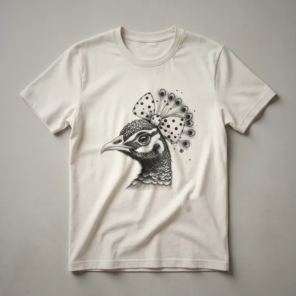 White t-shirt featuring a watercolor illustration of a peacock's fanned tail feathers in shades of blue, green, and gold.
