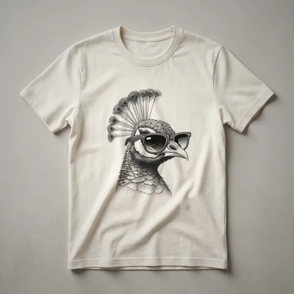 A graphic t-shirt featuring a peacock wearing sunglasses, presented on a white background.