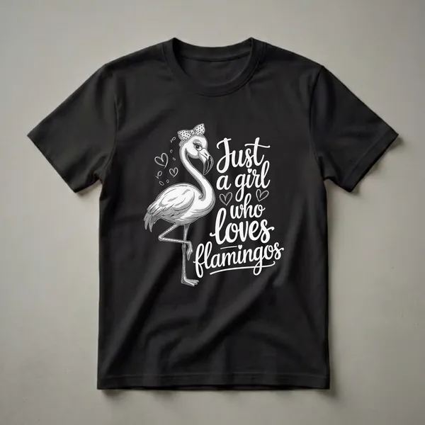 Black t-shirt with a white sketch of a flamingo wearing a bow and glasses, with the text 'Just a girl who loves flamingos' in script.