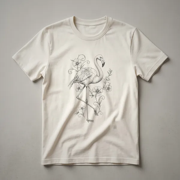 A white graphic t-shirt featuring a black sketch of a flamingo with floral elements incorporated into its design.