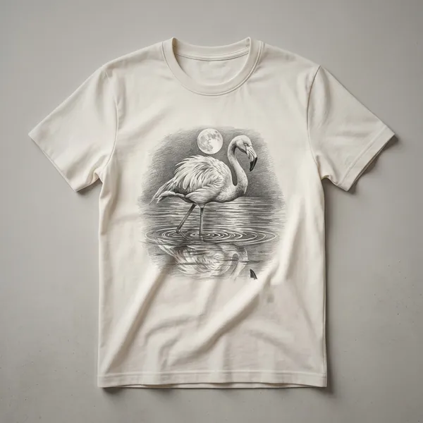 White graphic t-shirt featuring a black sketch of a flamingo standing against a crescent moon and starry night sky.