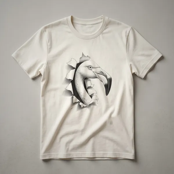 A graphic t-shirt featuring a stylized pink flamingo peeking over a black horizontal line, presented on a white background.