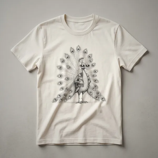 A black t-shirt featuring a cartoon peacock with its tail feathers spread wide in a colorful, fanned display.