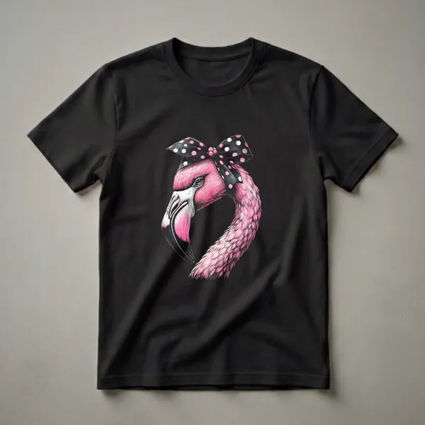 A pink flamingo wearing a black and pink polka dot bow, depicted in a detailed illustration against a black background.