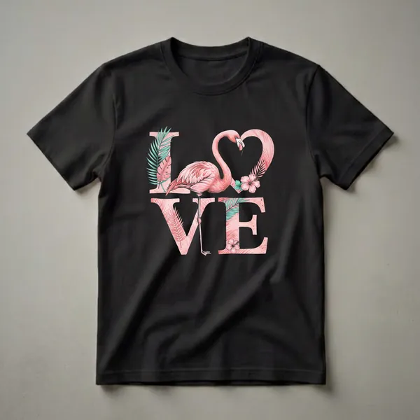 Black t-shirt with the word LOVE in pink block letters, a pink flamingo forming the O with a heart-shaped neck, surrounded by teal tropical leaves and pink hibiscus flowers.