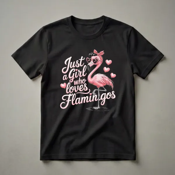Black t-shirt featuring a pink flamingo wearing heart sunglasses and a red polka dot bandana, with pink hearts and the text 'Just a Girl who loves Flamingos'.