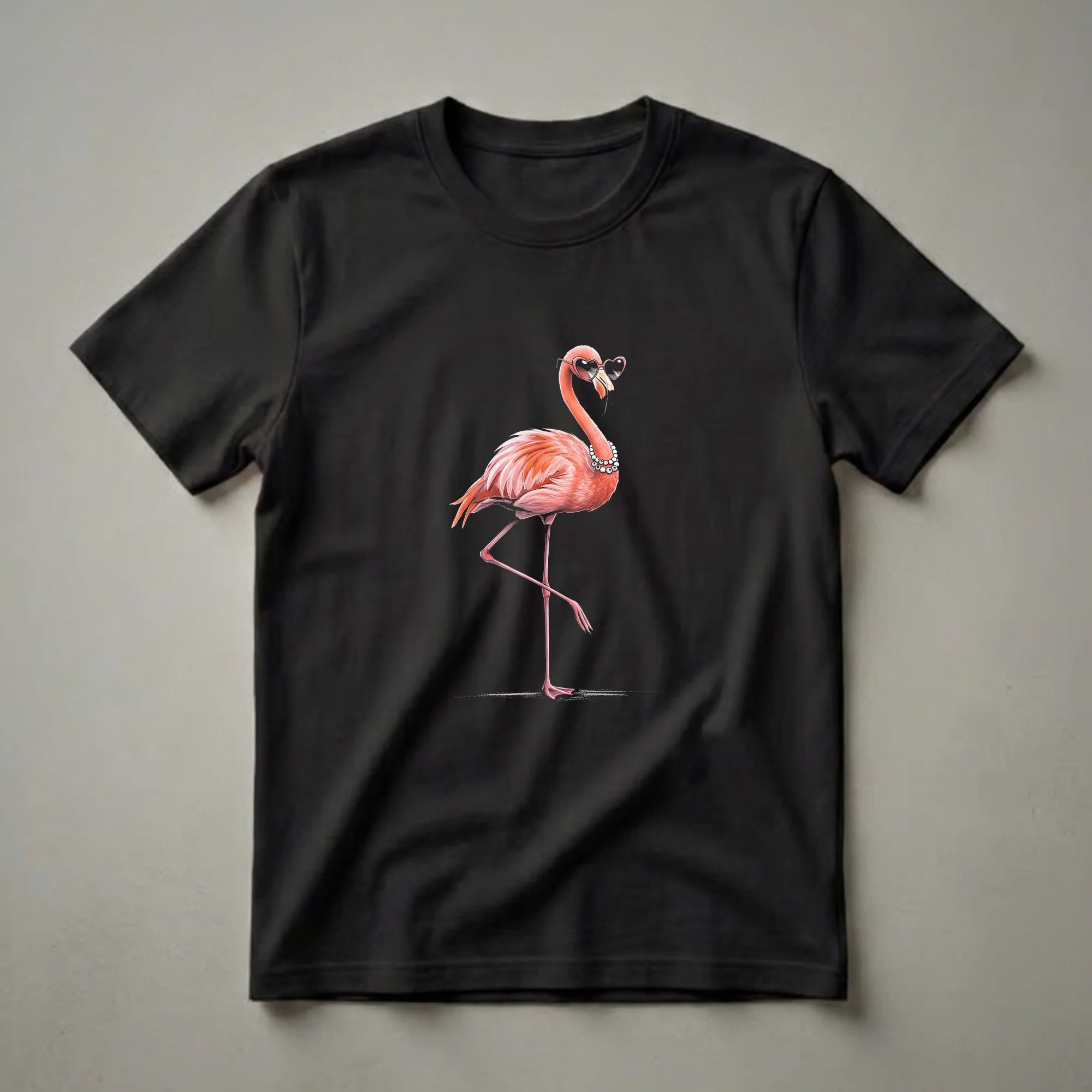 A pink flamingo wearing heart-shaped sunglasses and a pearl necklace stands on one leg against a black background, depicted in a graphic t-shirt design.