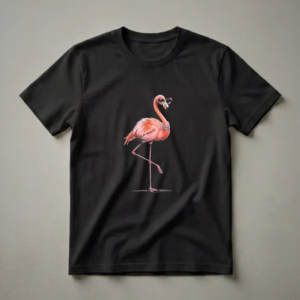 A pink flamingo wearing heart-shaped sunglasses and a pearl necklace stands on one leg against a black background, depicted in a graphic t-shirt design.