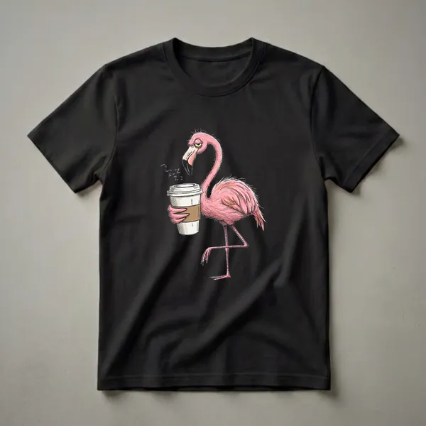 A pink flamingo graphic t-shirt design featuring a sleepy flamingo holding a disposable coffee cup with a brown sleeve, with 'zzz' symbols indicating sleepiness.