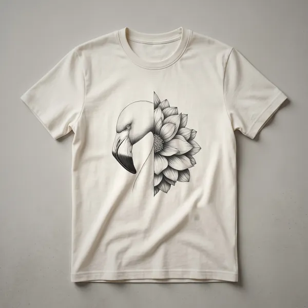 A white t-shirt featuring a vintage-style drawing of a pink flamingo with its neck curved, surrounded by various flowers and leaves in a muted color palette.