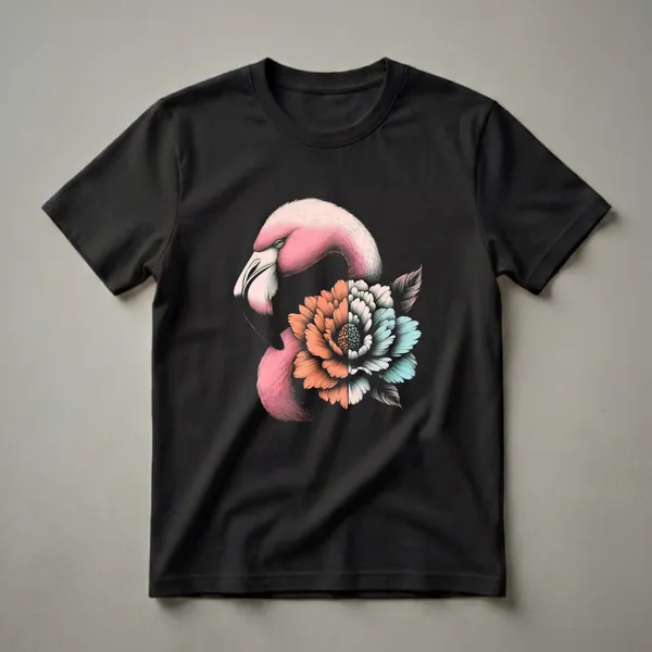 Black t-shirt featuring a retro-style pink flamingo head and neck artfully combined with a split coral and teal flower design.