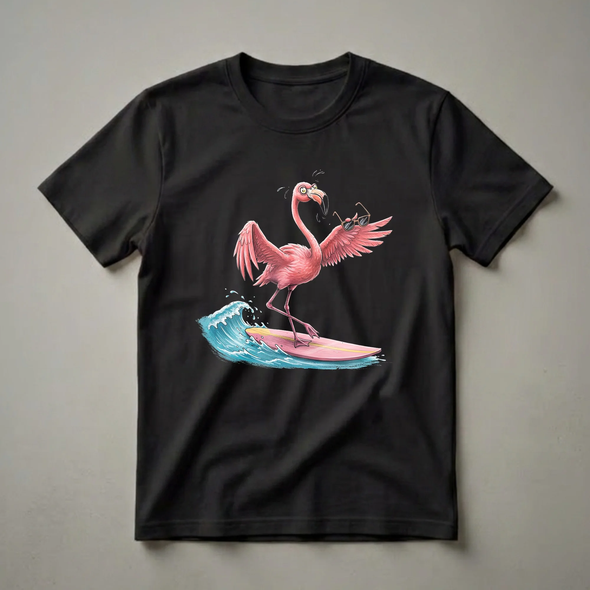 A pink cartoon flamingo with wide eyes and sunglasses is surfing on a pink surfboard, riding a blue wave with water splashing.