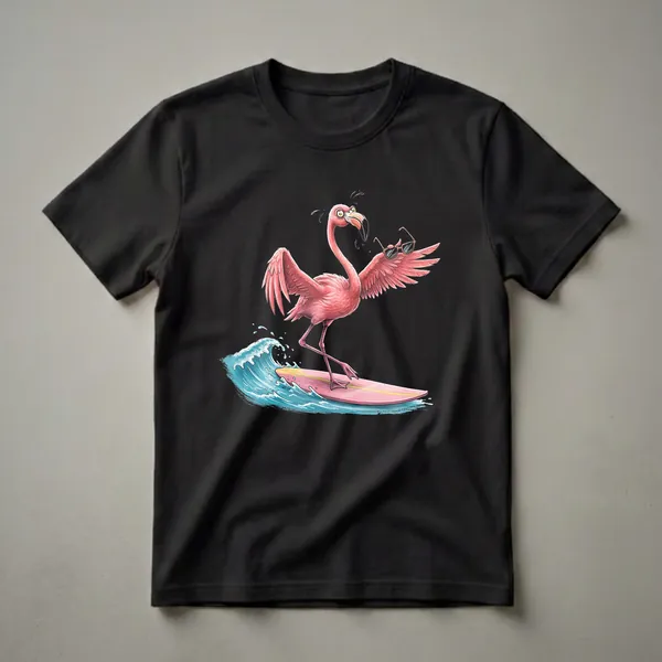 A pink cartoon flamingo with wide eyes and sunglasses is surfing on a pink surfboard, riding a blue wave with water splashing.