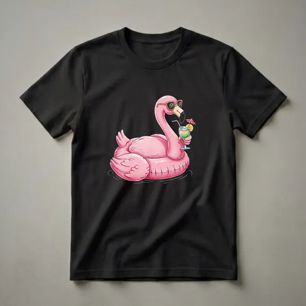 Pink flamingo inflatable wearing sunglasses and holding a cocktail, floating in water, on a black background.