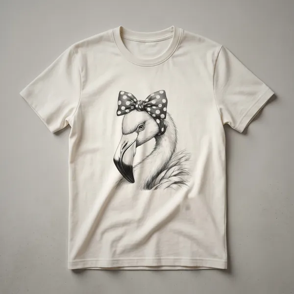 White t-shirt with a black line sketch of a flamingo in profile, facing left, with its neck curved.