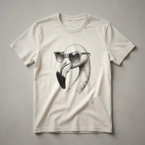 White graphic t-shirt with a black sketch of a flamingo wearing dark sunglasses.