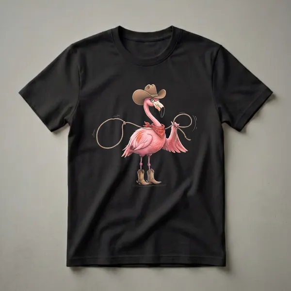 Pink flamingo wearing a cowboy hat, red bandana, and cowboy boots, holding a lasso, on a black background.