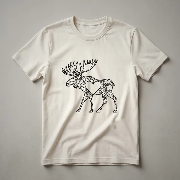 A black line art design of a moose head inside a heart shape, printed on a white t-shirt.