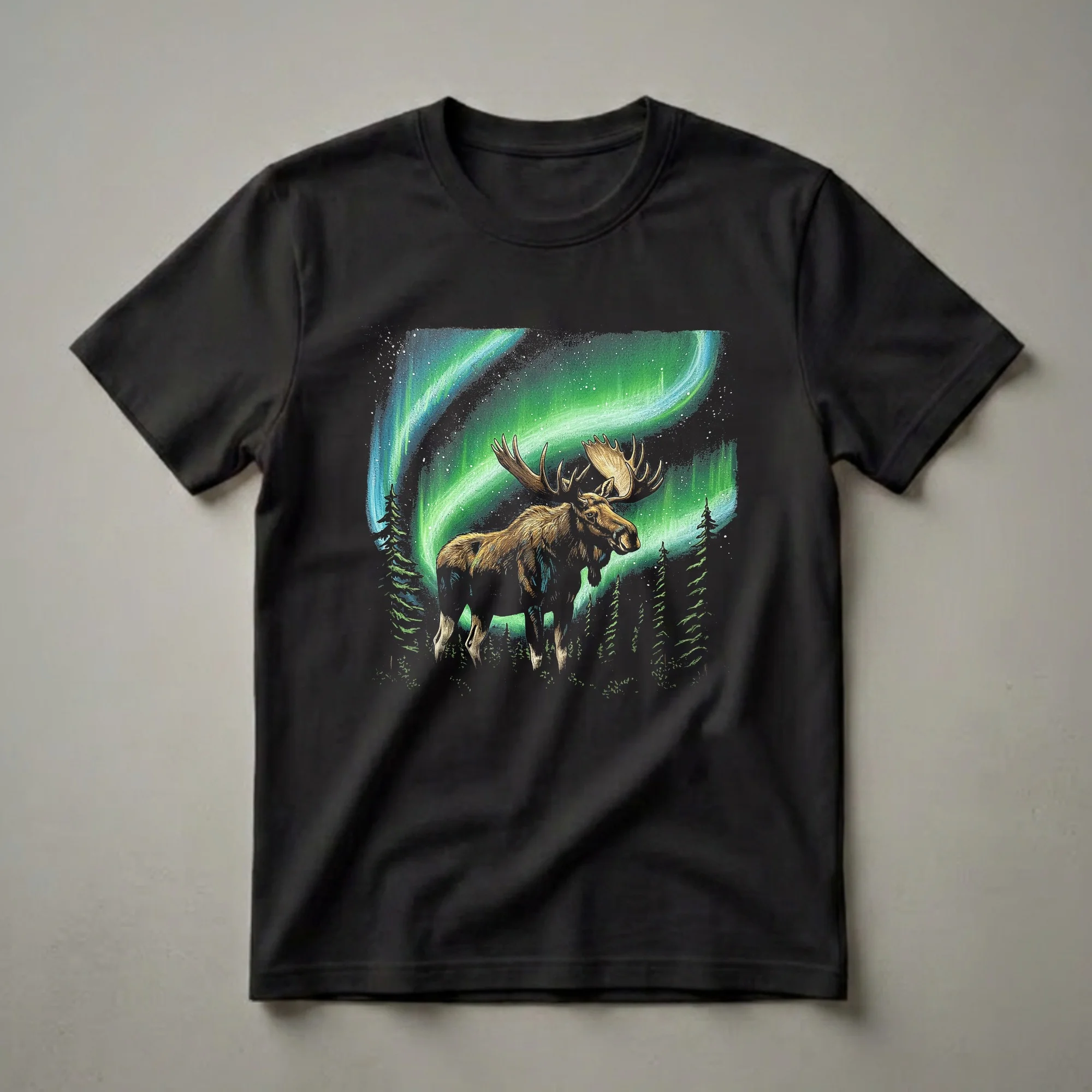 Alaska Moose and Aurora Borealis Graphic T-Shirt for Nature Lovers