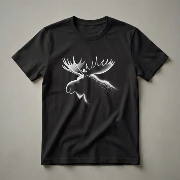 Black t-shirt with a white stippled outline of a moose's head and large antlers, facing left, against a black background.