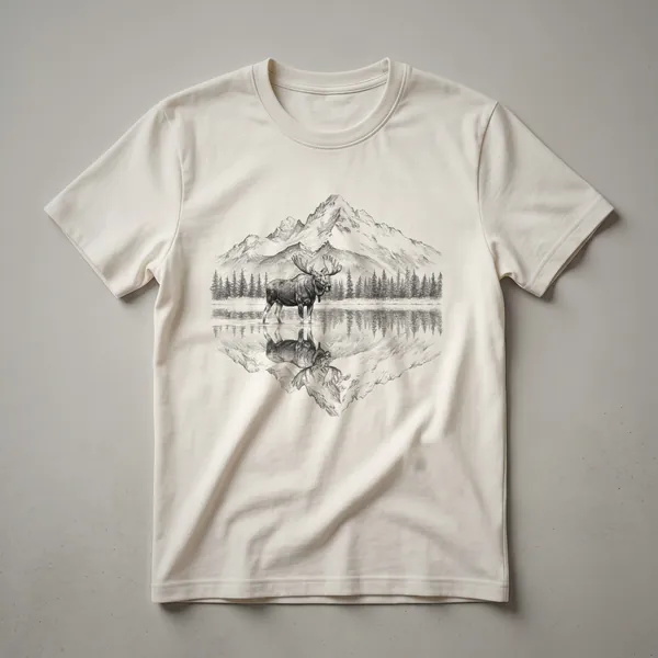Black t-shirt with a graphic design of a bull moose standing in a lake, reflecting mountains and pine trees under a twilight sky.