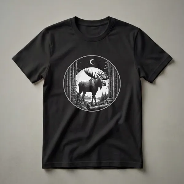 Black and white graphic t-shirt featuring a detailed illustration of a large bull moose standing in a forest clearing at night, with a crescent moon and stars above.