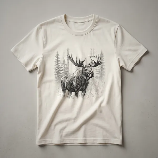 A vintage drawing of a moose's head with large antlers, printed on a dark heather t-shirt. The artwork has a classic, hand-drawn feel.