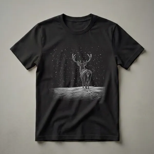 Black t-shirt with a white line-art illustration of a stag with large antlers standing in a snowy landscape under a starry night sky, showing footprints in the snow.