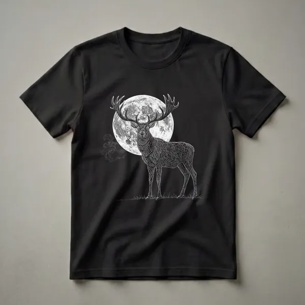 Black t-shirt with a white line drawing of a stag with ornate body patterns and large antlers, standing in front of a detailed full moon, with grass at its feet.