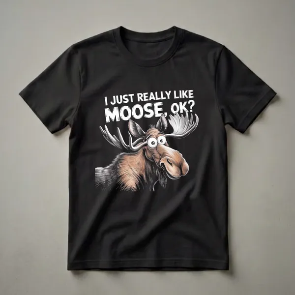 Black t-shirt with a caricature of a moose with large, googly eyes and wide antlers. White text above reads 'I JUST REALLY LIKE MOOSE, OK?'.