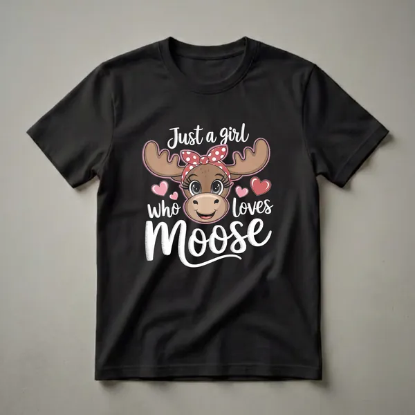 Black t-shirt with a cartoon moose wearing a red polka dot bandana and pink hearts, with the text 'Just a girl who loves Moose' in white lettering.