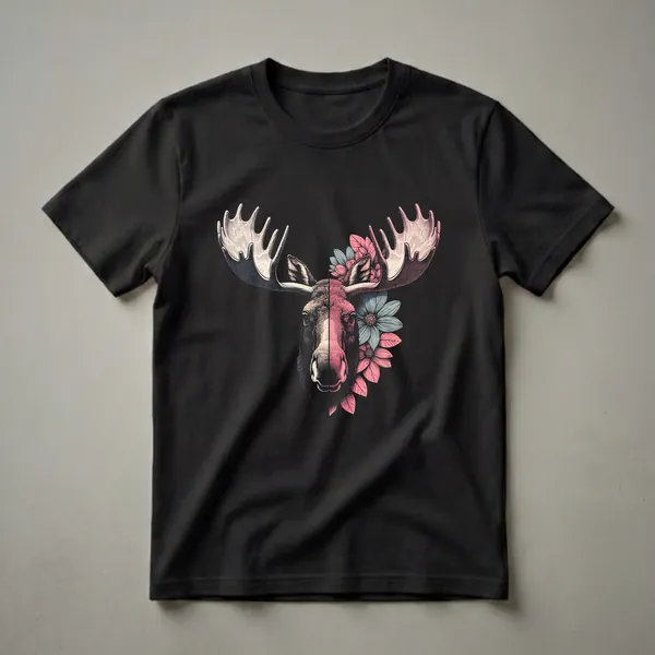Black t-shirt with a split-color graphic of a moose head, featuring large antlers and adorned with pink and blue flowers and leaves.