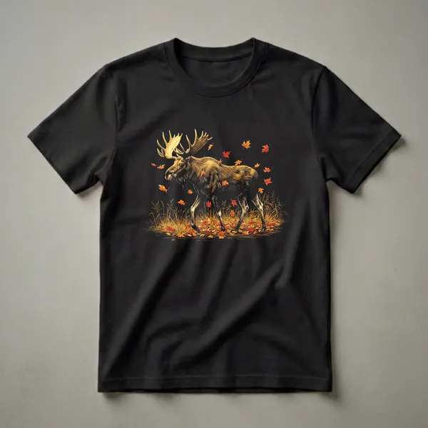 Black t-shirt with a detailed illustration of a bull moose walking through fallen red and orange autumn leaves with tall golden grass.