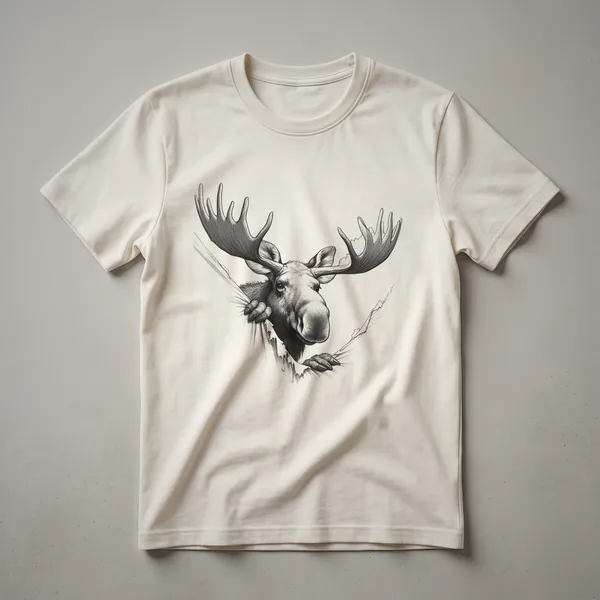 A black and white sketch of a moose's head peeking from the side, presented on a white t-shirt.